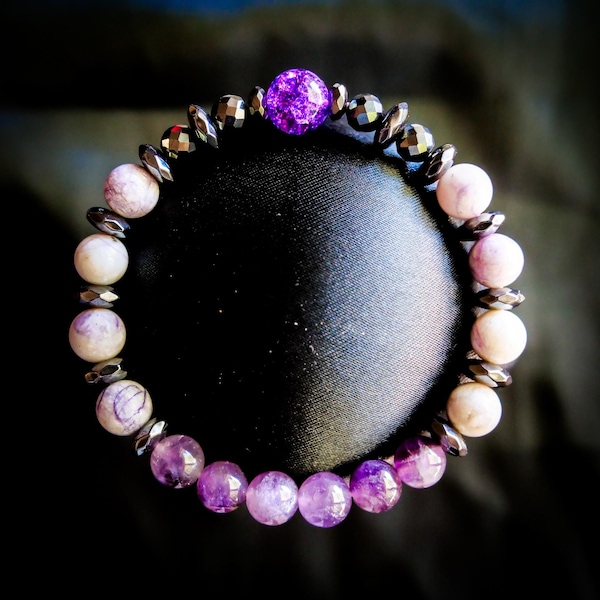 Armored Mewtwo Inspired Bracelet • Tiffany Purple Jasper, Quartz, Black Hematite & Dream Amethyst • Anime Jewelry