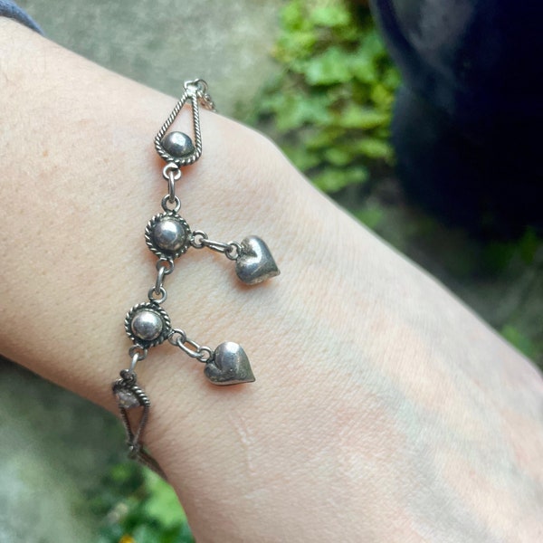 Rare Ancient Pure Sterling Silver Bracelet with Hearts Charms and Jingle bell remarkable patterns delicate precious post Edwardian vintage