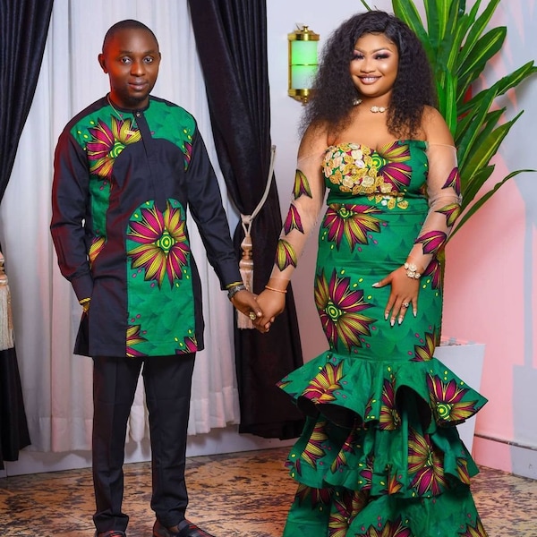 Green Couple Set, Ankara family set,Ankara couple set, Pre wedding dress,African print couple outfit,Nigerian wedding dress,Asoebi styles