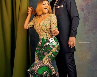 Green Couple Set, Ankara family set,Ankara couple set, Pre wedding dress,African print couple outfit,Nigerian wedding dress,Asoebi styles