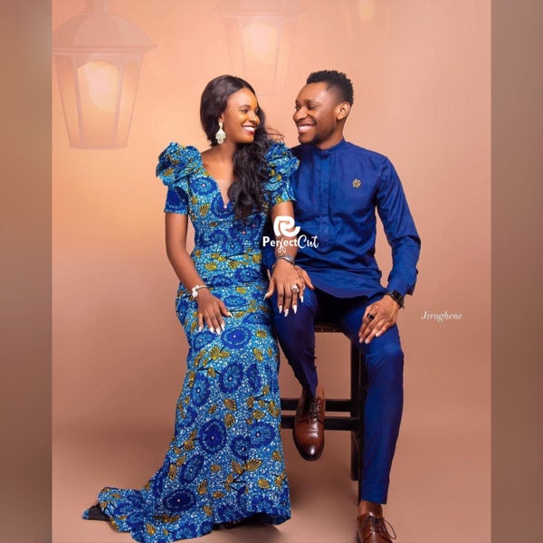 Blue Couple set, Ankara family set,Ankara couple set, Pre wedding dress,African print couple outfit,Nigerian wedding dress,Asoebi styles