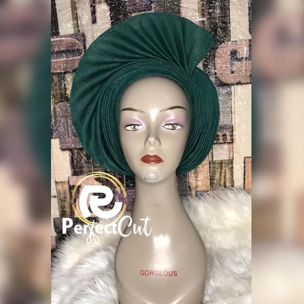 Green Auto gele,Nigerian traditional marriage,Engagement,Gele,Turban,Head wrap, Head gear,Ashoke head wrap,bridesmaids Wedding head wrap.