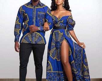 Blue and yellow Set, Ankara family set,Ankara couple set, Pre wedding dress,African print couple outfit,Nigerian wedding dress,Asoebi styles