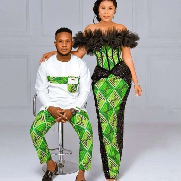 Green Couple Set, Ankara family set,Ankara couple set, Pre wedding dress,African print couple outfit,Nigerian wedding dress,Asoebi styles