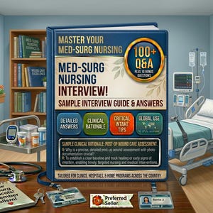 May include: A blue book titled "Master Your Med-Surg Nursing Interview!" with the text "100+ Q&A". The image includes a hospital bed, medical equipment, and a notepad with the text "Review Med-Surg Protocols! Remember Holism!"