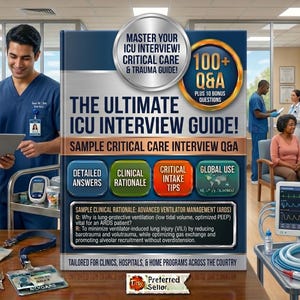 May include: An image of a medical training guide titled "The Ultimate ICU Interview Guide!" with the text "Master Your ICU Interview! Critical Care & Trauma Guide!" Two medical professionals in blue scrubs are looking at a tablet. Medical equipment is on a table.