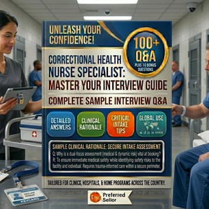 May include: Image of a book titled "Correctional Health Nurse Specialist: Master Your Interview Guide." The cover features text and icons, with a woman holding a tablet and a man in scrubs. The scene is set in a correctional facility.