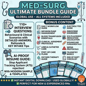 May include: A digital educational guide titled Med-Surg Ultimate Bundle Guide featuring medical icons, 110+ interview questions, an AI-proof resume guide, and bonus content including daily workflow, infusion pump management, and clinical protocols.