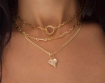 Layered Necklace Paperclip Chain 18K Gold Filled Dainty Toggle Clasp minimalist jewelry