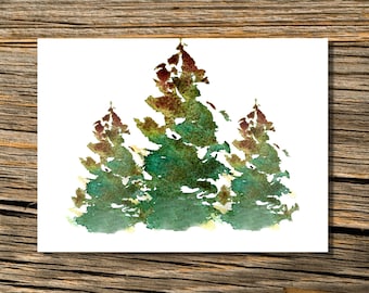 Watercolor Pine Tree Card Set (8) | Blank Holiday Christmas Note Cards | Evergreen Tree Stationery Card Set | Christmas Gift Card Set