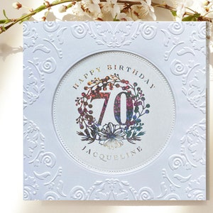 Custom Foiled 70th Birthday Card, Embossed Happy 70th Birthday, Personalized Birthday Card for 70-Year-Old, Elegant Square Birthday Card