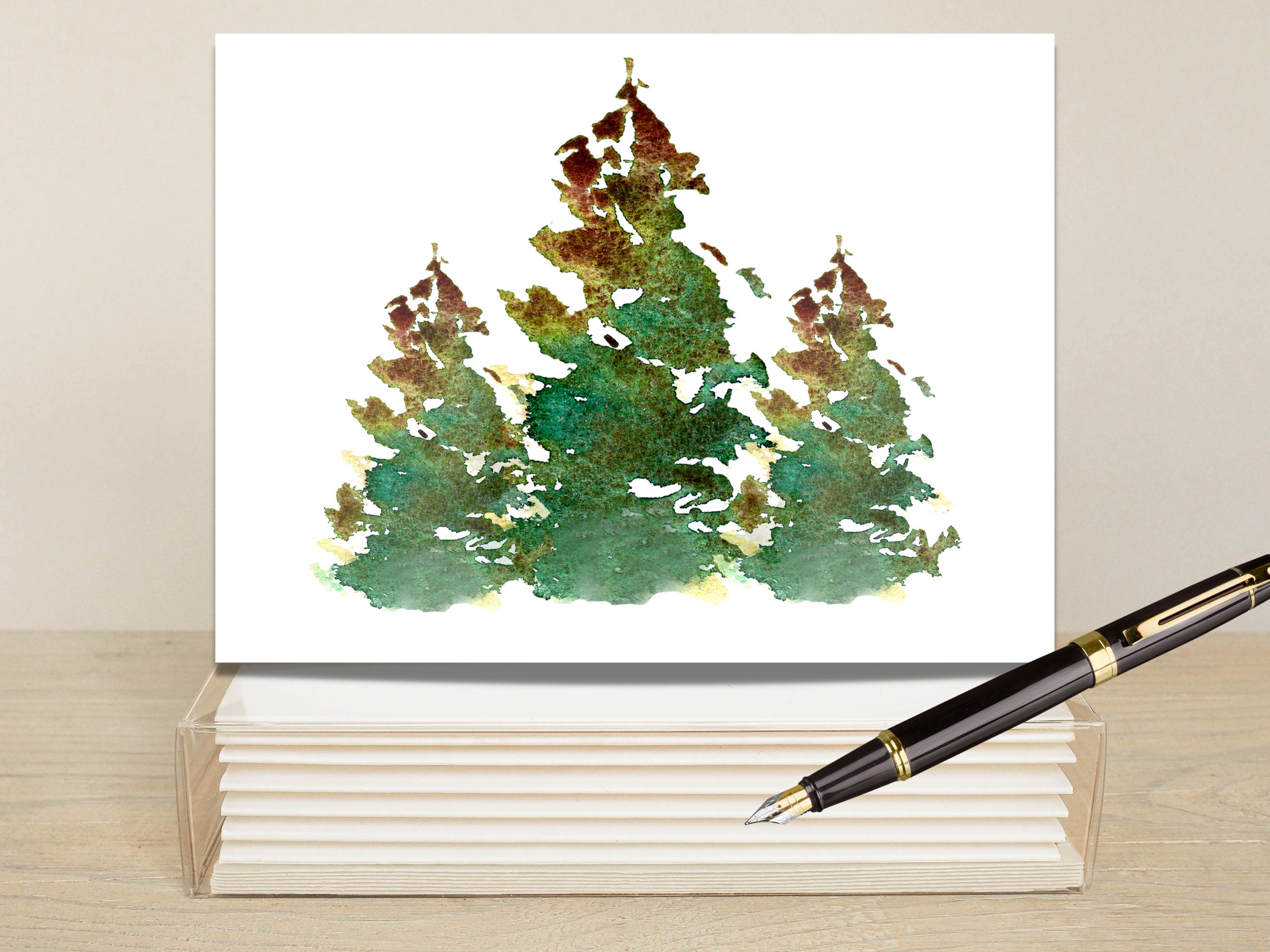 Watercolor Pine Tree Card Set (8) | Blank Holiday Christmas Note Cards ...