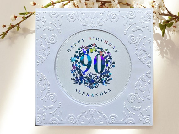 Custom Foiled 90th Birthday Card, Embossed Happy 90th Birthday, Personalized Birthday Card for 90-Year-Old, Elegant Square Birthday Card