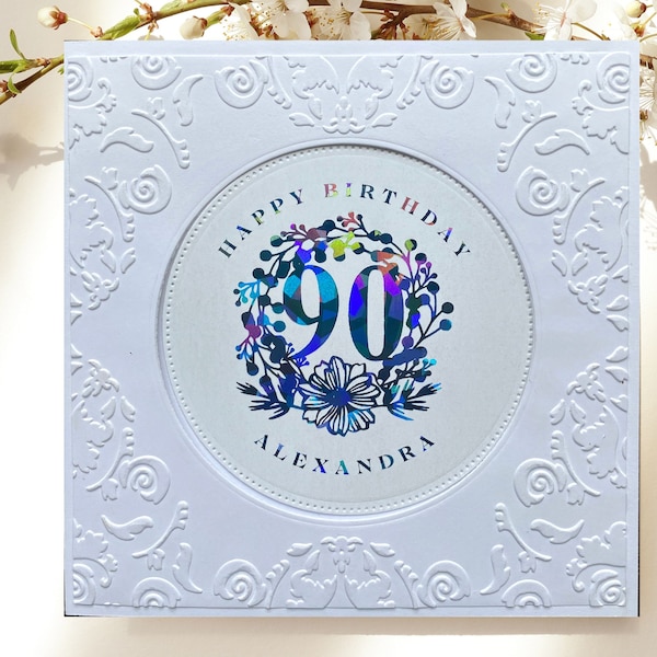 Custom Foiled 90th Birthday Card, Embossed Happy 90th Birthday, Personalized Birthday Card for 90-Year-Old, Elegant Square Birthday Card