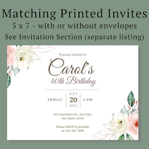 May include: A 5x7 inch invitation card with a floral design in shades of pink, white, and green. The text reads "You are invited to Carol's 40th Birthday" with the date and time of the event.