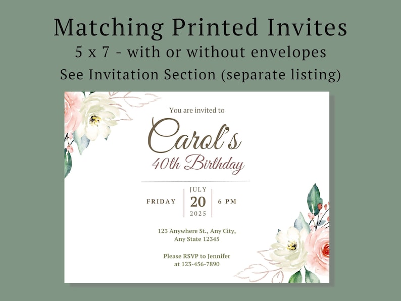 May include: A 5x7 inch invitation card with a floral design in shades of pink, white, and green. The text reads "You are invited to Carol's 40th Birthday" with the date and time of the event.