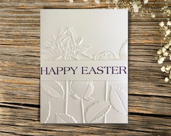 Christian Happy Easter Card | Embossed Tulip Easter Card | Easter Card with Colored Shimmer Envelope | Completed Easter Card Inside and Out
