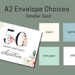 May include: A white card with a floral design and the number 50 in black. The text "Happy Birthday Christine" is written in black cursive script. The card is shown against a background of color swatches for envelope choices: cream, light blue, mint green, and white.