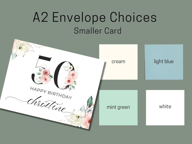 May include: A white card with a floral design and the number 50 in black. The text "Happy Birthday Christine" is written in black cursive script. The card is shown against a background of color swatches for envelope choices: cream, light blue, mint green, and white.