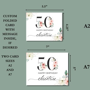May include: Two sizes of folded greeting cards with a floral design and the number 50. The text "Happy Birthday christine" is written in cursive. The card sizes are 7 inches by 5.5 inches and 5 inches by 4.25 inches.