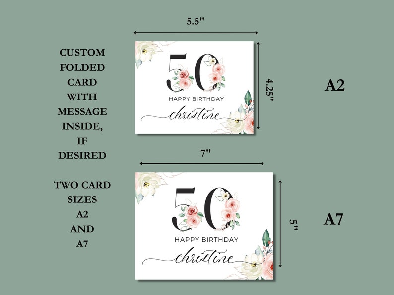 May include: Two sizes of folded greeting cards with a floral design and the number 50. The text "Happy Birthday christine" is written in cursive. The card sizes are 7 inches by 5.5 inches and 5 inches by 4.25 inches.