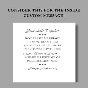May include: A white card with a black and gray text design that reads "Your Life Together" with three hearts, "70 Years of Marriage", "840 Months of Hugs", "3650 Weeks of Laughter", "25,550 Days of Patience", "613,200 Hours of Love", "A Whole Lifetime of Precious Memories", and "Happy Anniversary".