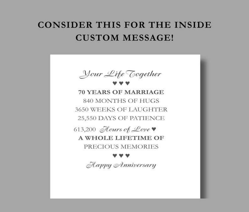 May include: A white card with a black and gray text design that reads "Your Life Together" with three hearts, "70 Years of Marriage", "840 Months of Hugs", "3650 Weeks of Laughter", "25,550 Days of Patience", "613,200 Hours of Love", "A Whole Lifetime of Precious Memories", and "Happy Anniversary".