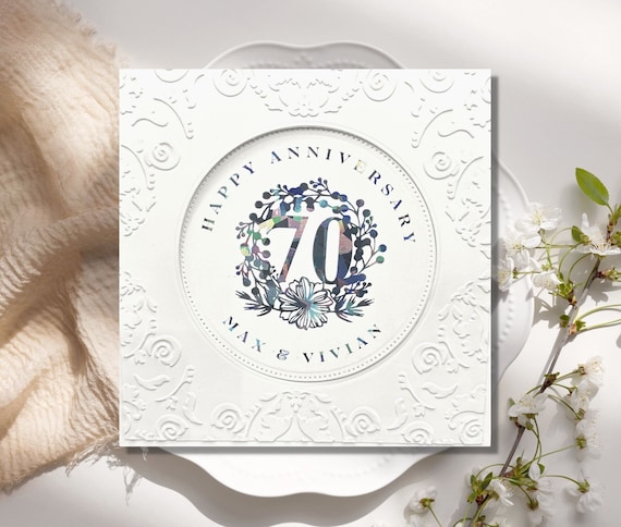 Custom Foil 70th Anniversary Card, Embossed Anniversary Card for 70 Years Married, Personalized Happy 70th Anniversary Card Inside and Out
