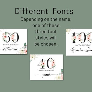 May include: Three different birthday card designs with floral accents and the numbers 50, 40, and 100. The text "Happy Birthday" is included on each card, along with a name. The text "Different Fonts" is at the top of the image, and the text "Depending on the name, one of these three font styles will be chosen." is below it.
