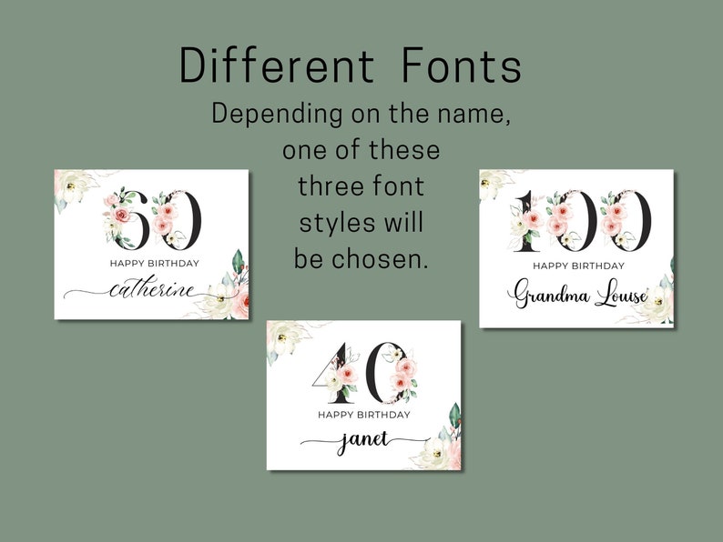 May include: Three different birthday card designs with floral accents and the numbers 50, 40, and 100. The text "Happy Birthday" is included on each card, along with a name. The text "Different Fonts" is at the top of the image, and the text "Depending on the name, one of these three font styles will be chosen." is below it.