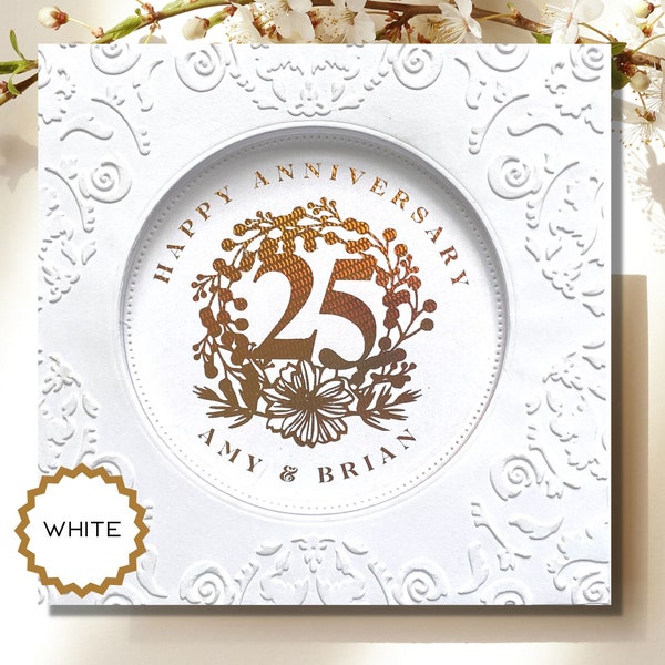 Custom Foil 25th Anniversary Card, Embossed Anniversary Card for 25 Years Married, Personalized Happy 25th Anniversary Card Inside and Out