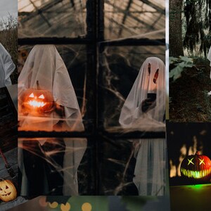 Może przedstawiać: Kolaż obrazów przedstawiających duchy i wydrążone dynie na Halloween. Obrazy obejmują ducha trzymającego latarnię, ducha trzymającego wydrążoną dynię, ducha stojącego w lesie oraz dwie wydrążone dynie na stole.