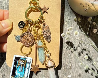 Resiliencia en el AMOR, Charm para bolso con forma de estrella de inspiración celestial, Zorro durmiendo, Tirador de cremallera de piedras naturales, Energía femenina, El Tarot de la Suma Sacerdotisa