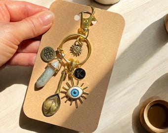 Labradorite Stone Keychain, Personalized Initial, All-Seeing Eye Amulet