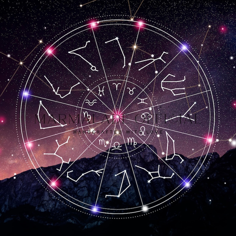 May include: A celestial design featuring a white zodiac wheel with constellations and symbols against a dark purple and black starry sky. The wheel is centered over a mountain range. Text reads "MARMALADE CELESTIAL HANDCRAFTED WITH LOVE."