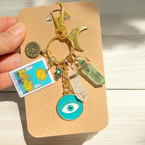 The Moon Tarot Card Keychain, Bag Charm/ Natural Stones / AWARENESS, CLARITY, PROTECTION/ Thoughtful Gift, Mother's Day, Christmas Gifts