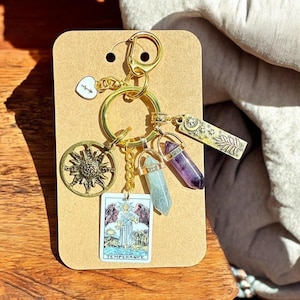 Bedel sterrenbeeld Boogschutter, sleutelhanger Boogschutter, uniek cadeau Celestial Sun Boogschutter, tarotkaart TEMPERANCE, labradoriet en amethist