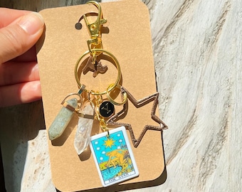 Kitty & Stones, Labradorite, Clear Quartz, The Star Tarot Charm, Keychain, Zipper Charm