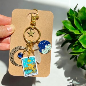 Llavero con la carta del Tarot de la Estrella/RENOVACIÓN, ESPERANZA, FE/Amuleto de cuarzo natural para bolso/Regalo de energía positiva para todos/Colgante de ventana de cristal