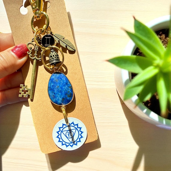 GEMINI Sign Throat Chakra Bag Charm: Self-Expression, Communication, Protection, New Beginnings, Throat Chakra (Vishuddha), Lapis Lazuli