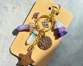 Boho Tassel Amethyst Opalite Stones, Crystal Bag Charm, Evil Eye, Tree of Life, Rustic Copper Star