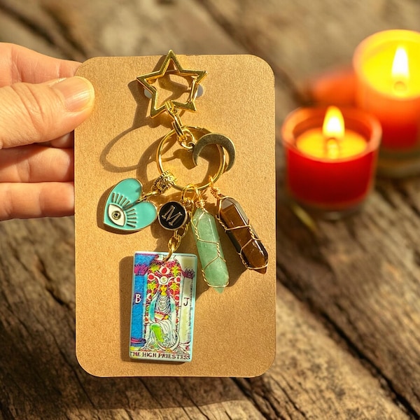 The High Priestess Tarot Charm Keychain – Green Aventurine, Tiger Eye, Evil Eye Protection