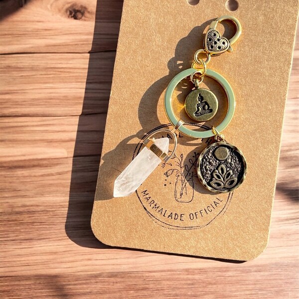 Lotus Moon & Clear quartz Peaceful Mindfulness gold tone Keychain, Hanging charms, Anxiety relief, activate your chakras, positive energy