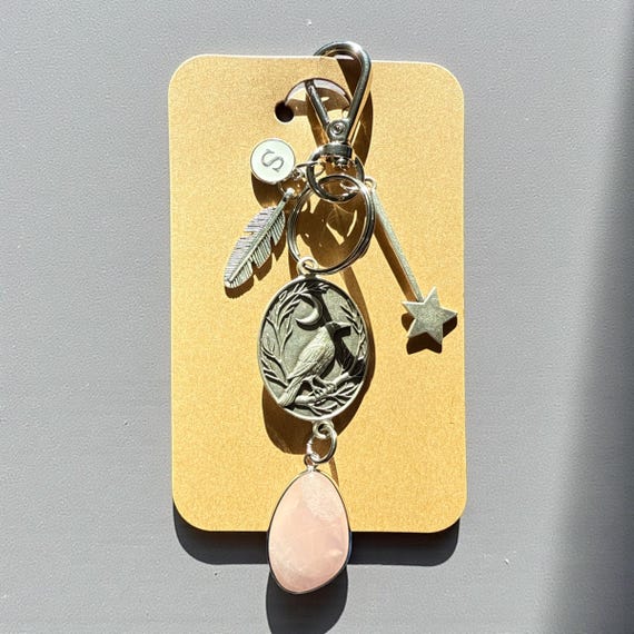 Gothic Raven Moon Bag Charm, Personalized Love Energy, Rose Quartz Hanging Zipper, Window, Case Charm, Transformation, Renewal, Wisdom