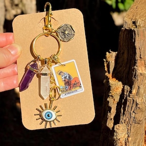 Amuleto para bolso con la carta del Tarot LA FUERZA / Llavero del Ojo que todo lo ve / Piedras naturales / Crecimiento espiritual / Protección / Regalo de energía positiva