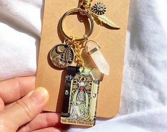 Porte-clés/breloque porte-monnaie carte grande prêtresse, breloque de sac à main en quartz naturel, soleil lune plaqué bronze antique, cadeau énergie positive