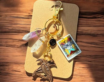 Gemini Twin Ravens Schlüsselanhänger, Taschenanhänger, natürliche Kristalle, Gemini, Tarot-Kartenanhänger
