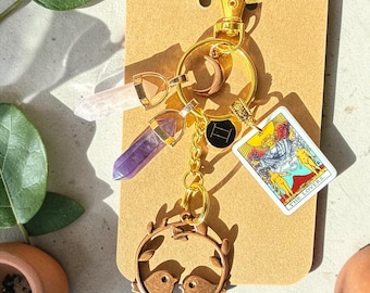 Gemini Zodiac Schlüsselanhänger, Zipper Pull, The Lovers Tarot Karte, Rosenquarz, Amethyst, Vögel auf dem Ast Charm