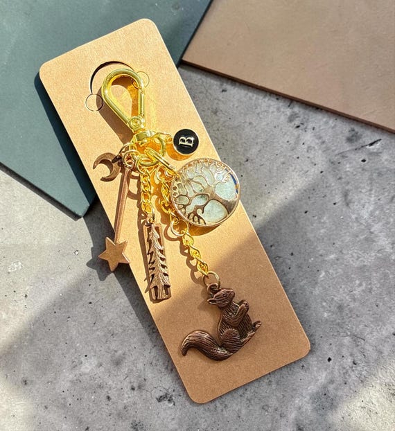 Squirrel Earthy Purse Charm, Tree of Life Rearview Mirror Charm, Nature-Inspired, Natural Labradorite, Positive Energy Gift