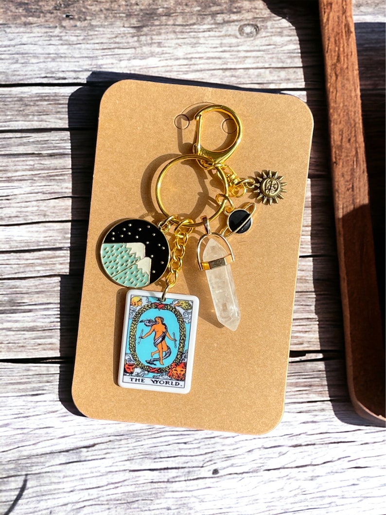 THE WORLD Tarot Card Keychain, Natural Quartz Purse Charm
